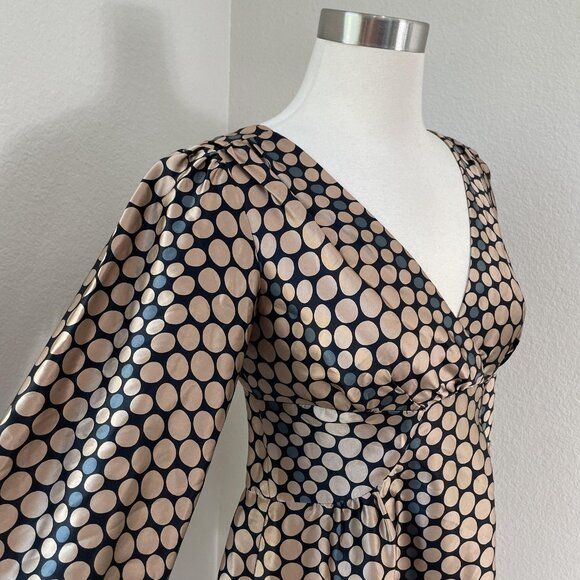 Nanette Lepore Blouse Womens 2 Black Beige Polka Dot Silk Balloon Sleeve Top USA - Picture 3 of 13